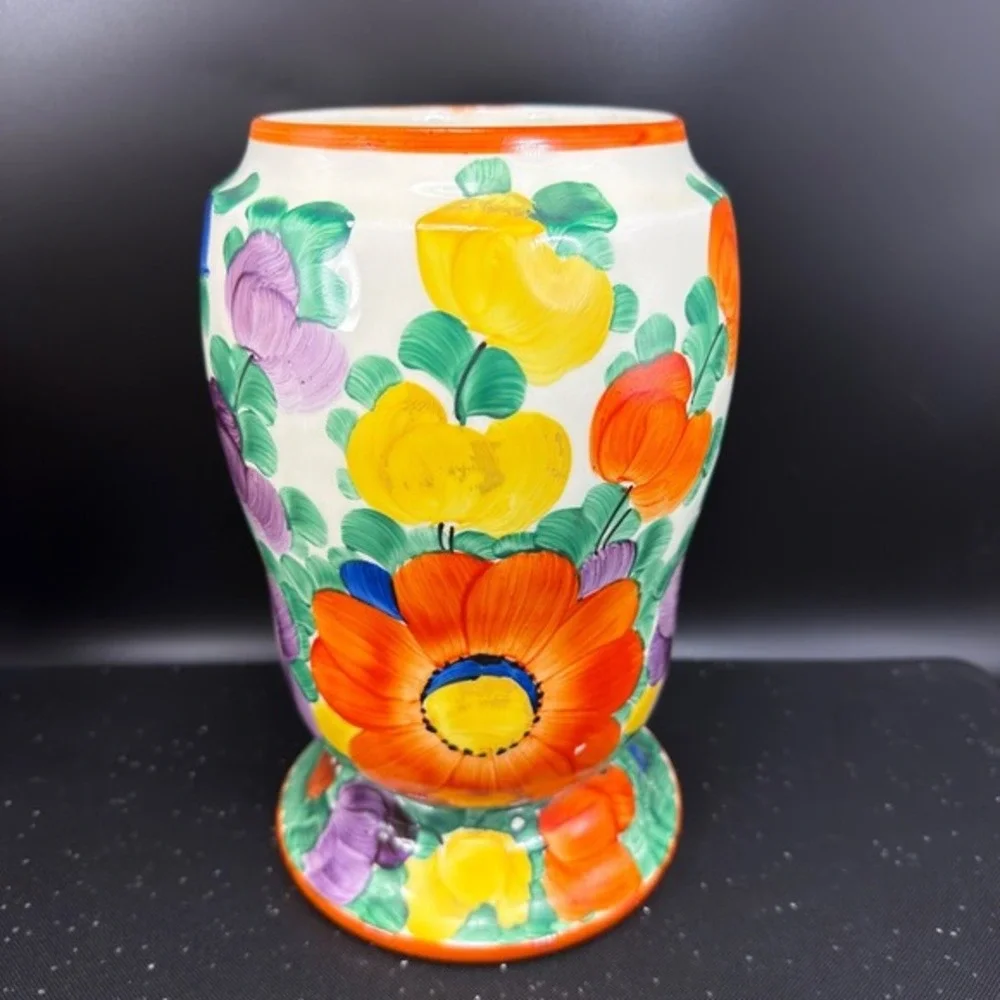 Vintage Czechoslovakia Hand Painted Floral Ceramic Vase Vessel Multi Color 1930s